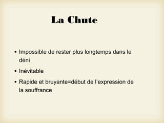 La Chute
•

Impossible de rester plus longtemps dans le
déni

•

Inévitable

•

Rapide et bruyante=début de l’expression de
la souffrance

 