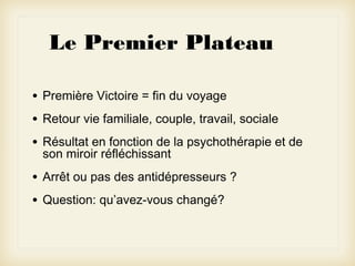 Le Premier Plateau
•
•
•

Première Victoire = fin du voyage

•
•

Arrêt ou pas des antidépresseurs ?

Retour vie familiale, couple, travail, sociale
Résultat en fonction de la psychothérapie et de
son miroir réfléchissant
Question: qu’avez-vous changé?

 