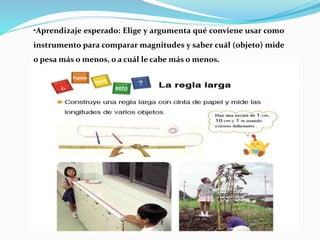 •Aprendizaje esperado: Elige y argumenta qué conviene usar como
instrumento para comparar magnitudes y saber cuál (objeto) mide
o pesa más o menos, o a cuál le cabe más o menos.
 