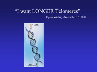 “I want LONGER Telomeres”
                             Oprah Winfrey -November 1st, 2007

                   Long
                 Telomeres




       Short
     Telomeres
 