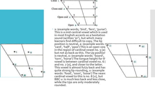  з: (example words; ‘bird’, ‘fern’, ‘purse’)
This is a mid-central vowel which is used
in most Enghsh accents as a hesitation
sound (written ‘er’), but which many
learners find difficult to copy.The lip
position is neutral, a: (example words:
‘card’, ‘half’, ‘pass’)This is an open vowel
in the region of cardinal vowel no. 5 [a],
but not as back as this.The Up position
is neutral, o: (example words: ‘board’,
‘torn’, ‘horse’)The tongue height for this
vowel is between cardinal vowel no. 6 [o]
and no. 7 [o], and closer to the latter.
This vowel is almost fuUy back and has
quite strong lip-rounding, u: (example
words: ‘food’, ‘soon’, ‘loose’)The nearest
cardinal vowel to this is no. 8 [u], but
BBC u: is much less back and less close,
while the Ups are only moderately
rounded.
 