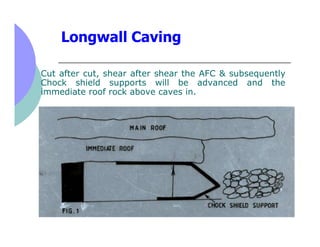 Longwall Caving

Cut after cut, shear after shear the AFC & subsequently
Chock shield supports will be advanced and the
im...