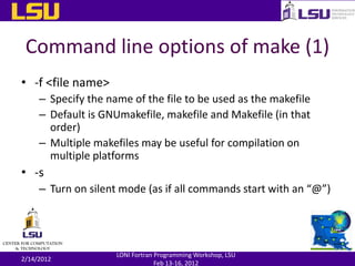 Command line options of make (1)
• -f <file name>
– Specify the name of the file to be used as the makefile
– Default is G...
