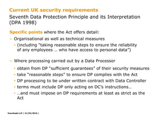 Eversheds LLP | 21/03/2016 |Eversheds LLP | 21/03/2016 |
− Organisational as well as technical measures
• (including “taking reasonable steps to ensure the reliability
of any employees … who have access to personal data”)
− Where processing carried out by a Data Processor
• obtain from DP “sufficient guarantees” of their security measures
• take “reasonable steps” to ensure DP complies with the Act
• DP processing to be under written contract with Data Controller
• terms must include DP only acting on DC’s instructions…
• …and must impose on DP requirements at least as strict as the
Act
Specific points where the Act offers detail:
Seventh Data Protection Principle and its Interpretation
(DPA 1998)
Current UK security requirements
 