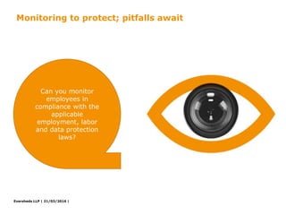 Eversheds LLP |
Can you monitor
employees in
compliance with the
applicable
employment, labor
and data protection
laws?
Monitoring to protect; pitfalls await
21/03/2016 |
 