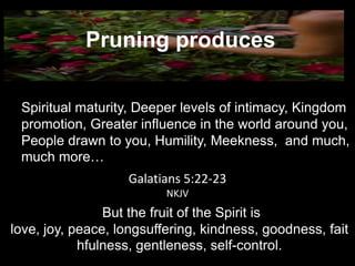 Pruning produces

Spiritual maturity, Deeper levels of intimacy, Kingdom
promotion, Greater influence in the world around you,
People drawn to you, Humility, Meekness, and much,
much more…
                  Galatians 5:22-23
                         NKJV

     But the fruit of the Spirit is love, joy, peace,
  longsuffering, kindness, goodness, faithfulness,
               gentleness, self-control.
 