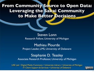 From Community Source to Open Data:
   Leveraging the Sakai Community
      to Make Better Decisions



                               Steven Lonn
                 Research Fellow, University of Michigan

                           Mathieu Plourde
               Project Leader, LMS, University of Delaware

                        Stephanie D. Teasley
         Associate Research Professor, University of Michigan

   USE Lab • Digital Media Commons • University Library • University of Michigan
               IT Client Support & Services • University of Delaware
                                                                                   1
 