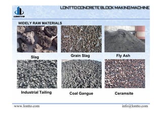 Slag Grain Slag Fly Ash
Industrial Tailing Coal Gangue Ceramsite
WIDELY RAW MATERIALS
 