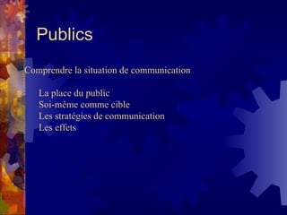 Publics Comprendre la situation de communication La place du public Soi-même comme cible Les stratégies de communication Les effets 