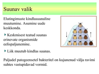 Suunav valik
Elutingimuste kindlasuunaline
muutumine. Asumine uude
keskkonda.
Keskmisest teatud suunas
erinevate organismide
eelispaljunemine.
Liik muutub kindlas suunas.
Paljudel patogeensetel bakteritel on kujunenud välja ravimi
suhtes vastupidavad vormid.
 