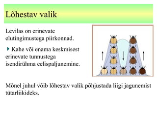 Lõhestav valik
Levilas on erinevate
elutingimustega piirkonnad.
Kahe või enama keskmisest
erinevate tunnustega
isendirühma eelispaljunemine.
Mõnel juhul võib lõhestav valik põhjustada liigi jagunemist
tütarliikideks.
 