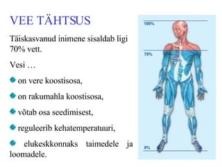 VEE TÄHTSUS Täiskasvanud inimene sisaldab ligi 70% vett. Vesi  … on vere koostisosa ,   on  rakumahla koostisosa,  võtab osa seedimisest , reguleerib kehatemperatuuri , elukeskkonnaks taimedele ja loomadele. 