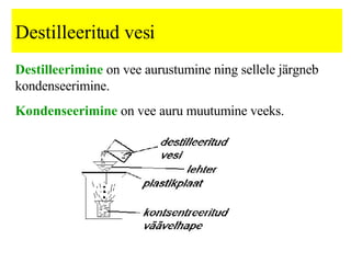 Destilleeritud vesi Destilleerimine  on vee aurustumine ning sellele järgneb kondenseerimine.  Kondenseerimine  on vee auru muutumine veeks.   