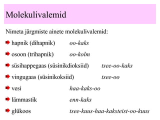 Molekulivalemid Nimeta järgmiste ainete molekulivalemid : hapnik (dihapnik)  oo-kaks osoon (trihapnik)  oo-kolm süsihappegaas  (süsinikdioksiid)  tsee-oo-kaks vingugaas  (süsinikoksiid)  tsee-oo v esi   haa-kaks-oo lämmasti k  enn-kaks glükoos tsee-kuus-haa-kaksteist-oo-kuus 