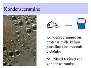 Kondenseerumine Kondenseerumine on protsess mille käigus gaasiline aine muutub vedelaks. Nt. Pilved tekivad vee kondenseerumisel. 
