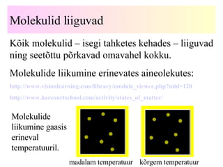 Molekulid liiguvad Kõik molekulid – isegi tahketes kehades – liiguvad ning seetõttu põrkavad omavahel kokku.  Molekulide liikumine erinevates aineolekutes: http://www.visionlearning.com/library/module_viewer.php?mid=120 http:// www . harcourtschool . com / activity / states _of_ matter /   madalam temperatuur   kõrgem temperatuur Molekulide liikumine gaasis erineval temperatuuril. 