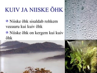 KUIV JA NIISKE ÕHK Niiske õhk sisaldab rohkem veeauru kui kuiv õhk Niiske  õhk on kergem kui k uiv  õhk 