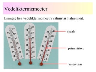 Vedeliktermomeeter Esimese hea vedeliktermomeetri valmistas Fahrenheit. skaala paisumistoru reservuaar 
