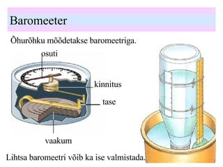 Baromeeter Õhurõhku mõõdetakse baromeetriga. Lihtsa baromeetri võib ka ise valmistada. vaakum tase kinnitus osuti 