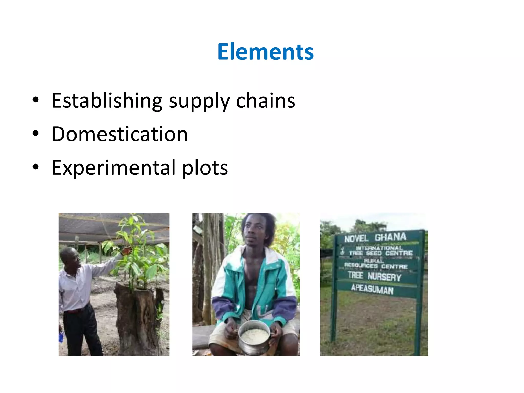 Elements
• Establishing supply chains
• Domestication
• Experimental plots
 