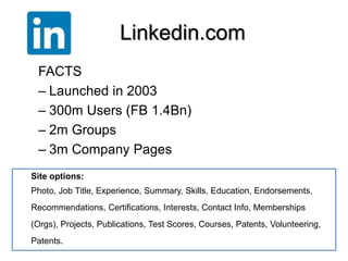 Linkedin.com 
FACTS 
– Launched in 2003 
– 300m Users (FB 1.4Bn) 
– 2m Groups 
– 3m Company Pages 
. 
Site options: 
Photo, Job Title, Experience, Summary, Skills, Education, Endorsements, 
Recommendations, Certifications, Interests, Contact Info, Memberships 
(Orgs), Projects, Publications, Test Scores, Courses, Patents, Volunteering, 
Patents. 
 