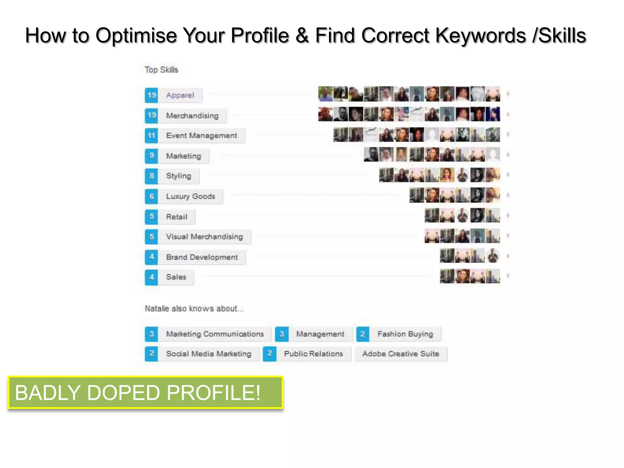 How to Optimise Your Profile & Find Correct Keywords /Skills 
BADLY DOPED PROFILE! 
 