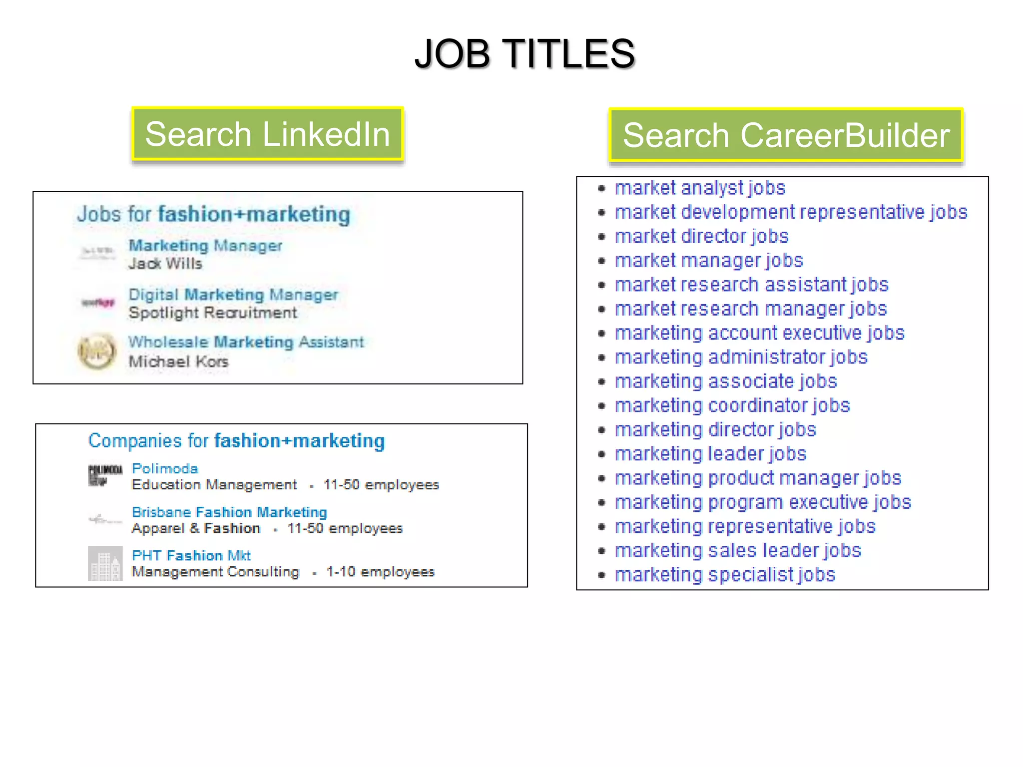JOB TITLES 
Search LinkedIn Search CareerBuilder 
 