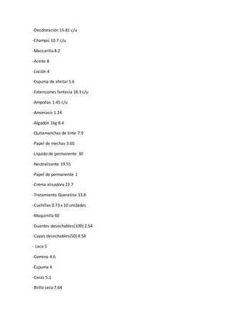 -Decoloración 15.81 c/u
-Champú 10.7 c/u
-Mascarilla 8.2
-Aceite 8
-Loción 4
-Espuma de afeitar 5.6
-Extensiones fantasía 18.3 c/u
-Ampollas 1.45 c/u
-Amoniaco 1.24
-Algodón 1kg 8.4
-Quitamanchas de tinte 7.9
-Papel de mechas 3.60
-Líquido de permanente 30
-Neutralizante 19.55
-Papel de permanente 1
-Crema alisadora 22.7
-Tratamiento Queratina 33.8
-Cuchillas 0.73 x 10 unidades
-Maquinilla 60
-Guantes desechables(100) 2.54
-Capas desechables(50) 4.54
- Laca 5
-Gomina 4.6
-Espuma 4
-Ceras 5.1
-Brillo seco 7.64
 