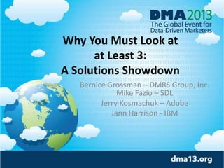 Why You Must Look at
at Least 3:
A Solutions Showdown
Bernice Grossman – DMRS Group, Inc.
Mike Fazio – SDL
Jerry Kosmachuk – Adobe
Jann Harrison - IBM
 
