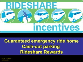 Guy Dauncey 2013
Earthfuture.com
Guaranteed emergency ride home
Cash-out parking
Rideshare Rewards
 