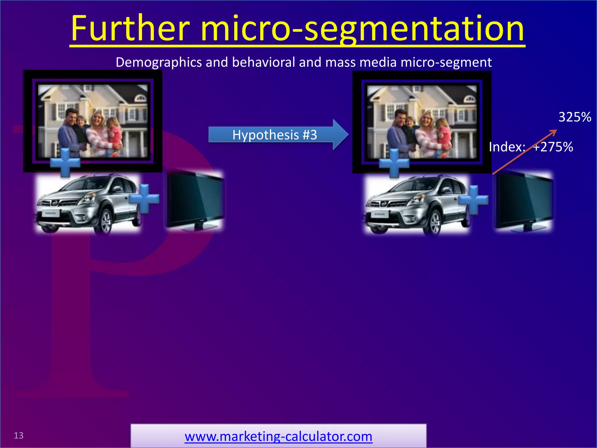 ProRelevant Marketing Solutions13
Demographics and behavioral and mass media micro-segment
Hypothesis #3
Index: +275%
325%
Further micro-segmentation
www.marketing-calculator.com
 