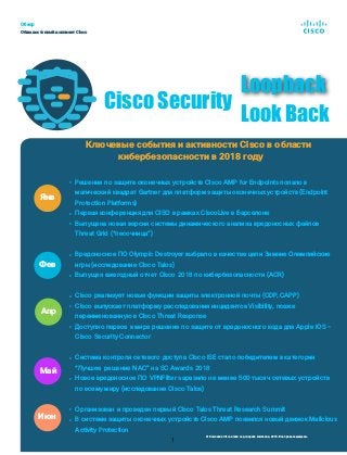 Ключевые события и активности Cisco в области
кибербезопасности в 2018 году
• Решение по защите оконечных устройств Cisco AMP for Endpoints попало в
магический квадрат Gartner для платформ защиты оконечных устройств (Endpoint
Protection Platforms)
• Первая конференция для CISO в рамках CiscoLive в Барселоне
• Выпущена новая версия системы динамического анализа вредоносных файлов
Threat Grid (“песочница”)
• Вредоносное ПО Olympic Destroyer выбрало в качестве цели Зимние Олимпийские
игры (исследование Cisco Talos)
• Выпущен ежегодный отчет Cisco 2018 по кибербезопасности (ACR)
• Cisco реализует новые функции защиты электронной почты (CDP, CAPP)
• Cisco выпускает платформу расследования инцидентов Visibility, позже
переименованную в Cisco Threat Response
• Доступно первое в мире решение по защите от вредоносного кода для Apple iOS -
Cisco Security Connector
• Система контроля сетевого доступа Cisco ISE стало победителем в категории
“Лучшее решение NAC” на SC Awards 2018
• Новое вредоносное ПО VPNFilter заразило не менее 500 тысяч сетевых устройств
по всему миру (исследование Cisco Talos)
• Организован и проведен первый Cisco Talos Threat Research Summit
• В системе защиты оконечных устройств Cisco AMP появился новый движок Malicious
Activity Protection
1
Янв
Фев
© Компания Cisco и/или ее дочерние компании, 2018. Все права защищены.
Обзор
Общедоступный документ Cisco
Cisco Security
Loopback
Look Back
Апр
Май
Июн
 