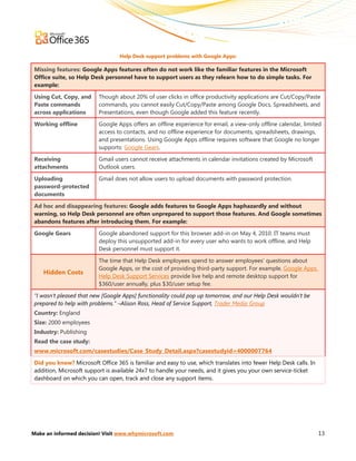 Help Desk support problems with Google Apps:

 Missing features: Google Apps features often do not work like the familiar features in the Microsoft
 Office suite, so Help Desk personnel have to support users as they relearn how to do simple tasks. For
 example:

 Using Cut, Copy, and     Though about 20% of user clicks in office productivity applications are Cut/Copy/Paste
 Paste commands           commands, you cannot easily Cut/Copy/Paste among Google Docs, Spreadsheets, and
 across applications      Presentations, even though Google added this feature recently.

 Working offline          Google Apps offers an offline experience for email, a view-only offline calendar, limited
                          access to contacts, and no offline experience for documents, spreadsheets, drawings,
                          and presentations. Using Google Apps offline requires software that Google no longer
                          supports: Google Gears.

 Receiving                Gmail users cannot receive attachments in calendar invitations created by Microsoft
 attachments              Outlook users.

 Uploading                Gmail does not allow users to upload documents with password protection.
 password-protected
 documents

 Ad hoc and disappearing features: Google adds features to Google Apps haphazardly and without
 warning, so Help Desk personnel are often unprepared to support those features. And Google sometimes
 abandons features after introducing them. For example:

 Google Gears             Google abandoned support for this browser add-in on May 4, 2010. IT teams must
                          deploy this unsupported add-in for every user who wants to work offline, and Help
                          Desk personnel must support it.

                          The time that Help Desk employees spend to answer employees’ questions about
                          Google Apps, or the cost of providing third-party support. For example, Google Apps
    Hidden Costs
                          Help Desk Support Services provide live help and remote desktop support for
                          $360/user annually, plus $30/user setup fee.

 “I wasn’t pleased that new [Google Apps] functionality could pop up tomorrow, and our Help Desk wouldn’t be
 prepared to help with problems.” –Alison Ross, Head of Service Support, Trader Media Group
 Country: England
 Size: 2000 employees
 Industry: Publishing
 Read the case study:
 www.microsoft.com/casestudies/Case_Study_Detail.aspx?casestudyid=4000007764

 Did you know? Microsoft Office 365 is familiar and easy to use, which translates into fewer Help Desk calls. In
 addition, Microsoft support is available 24x7 to handle your needs, and it gives you your own service-ticket
 dashboard on which you can open, track and close any support items.




Make an informed decision! Visit www.whymicrosoft.com                                                              13
 