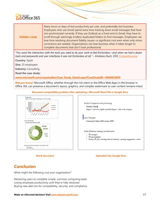 Many hours or days of lost productivity per user, and potentially lost business.
                         Employees who use Gmail spend extra time tracking down email messages that have
                         not synchronized correctly. If they use Outlook as a front-end to Gmail, they have to
    Hidden costs         scroll through seemingly endless duplicated folders to find messages. Employees can
                         lose time resolving document fidelity issues—a significant cost even when only minor
                         corrections are needed. Organizations can lose business when it takes longer to
                         complete documents that don’t look professional.

 “You want the interaction with the tools you need to do your work to feel frictionless—and when we had a dozen
 tools and passwords and user interfaces it was not frictionless at all.” – Emiliano Duch, CEO, Competitiveness
 Country: Spain
 Size: 25 employees
 Industry: Consulting
 Read the case study:
 www.microsoft.com/casestudies/Case_Study_Detail.aspx?CaseStudyID=4000003809

 Did you know? Microsoft Office, whether through the rich client or the Office Web Apps in the browser in
 Office 365, can preserve a document’s layout, graphics, and complex watermark so user content remains intact.

               Document compatibility problem after uploading a Microsoft Word file in Google Docs




                  Word document                                       Uploaded into Google Docs



Conclusion
What might the following cost your organization?

Retraining users to complete simple, common computing tasks
Losing employee productivity until they’re fully retrained
Buying new add-ons for compatibility, security, and compliance


Make an informed decision! Visit www.whymicrosoft.com                                                             17
 