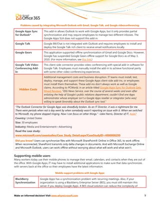 Problems caused by integrating Microsoft Outlook with Gmail, Google Talk, and Google videoconferencing:

 Google Apps Sync         This add-in allows Outlook to work with Google Apps, but it only provides partial
 for Outlook*             synchronization and may require employees to manage two different inboxes. The
                          Google Apps SLA does not support this add-in.

 Google Talk              Google IM/Chat is not integrated with Outlook and requires employees to install and
                          deploy the Google Talk rich client to receive email notifications locally.

 Google Gears             This application supported offline synchronization of Gmail and Google Docs. However,
                          Google has suspended Google Gears offline support for Google Docs as of May 3,
                          2010. (For more information, see this link.)

 Google Talk Video-       This client-side connector provides video conferencing with special add-in software for
 Conferencing Add-        Google Talk. Employees must manually install the add-in to achieve functional parity
 In                       with some other video conferencing experiences.

                          Additional management costs and business disruption. IT teams must install, test,
                          deploy, manage, and support these Google Apps client-side add-ins, or employees
                          must install them themselves. These add-ins don’t always work as well as Google
                          claims. According to PCWorld, in an article titled Google Apps Sync for Outlook Gets
    Hidden Costs
                          Mixed Reviews, “IDG News Service, over the course of several weeks and even after
                          enlisting the help of Google's public relations department, couldn't find one Apps
                          administrator whose employer isn't a Google Apps reseller or integrator [who was]
                          willing to speak favorably about the Outlook sync tool.”

 “The Outlook Connector for Google Apps was dreadfully broken. As an IT Director, it was a nightmare for me.
 There were periods when not a day went by when somebody wasn’t reporting an issue with it. When we switched
 to Microsoft, my phone stopped ringing. Now I can focus on other things.” –Jake Harris, Director of IT, Aisle7
 Country: United States
 Size: 30 employees
 Industry: Media and Entertainment—Advertising
 Read the case study:
 www.microsoft.com/casestudies/Case_Study_Detail.aspx?CaseStudyID=4000008299

 Did you know? Users can synchronize files with Microsoft SharePoint® Online in Office 365, to work offline.
 When reconnected, SharePoint transmits only delta changes in documents. And with Microsoft Exchange Online
 and Microsoft Outlook, users can work offline without worrying about what will work and what won’t.


Supporting mobile users
Many workers today use their mobile phones to manage their email, calendars, and contacts when they are out of
the office. With Google Apps, IT may have to install additional applications to make sure that data synchronizes
with servers back at the office so their employees have the latest information.

                                   Mobile-support problems with Google Apps:

 BlackBerry           Google Apps has a synchronization problem with recurring meetings. Also, if your
 Synchronization      organization is using a Blackberry Enterprise Server (BES), you must still maintain this
                      server if you deploy Google Apps. A BES cloud solution can reduce the complexity of


Make an informed decision! Visit www.whymicrosoft.com                                                               9
 