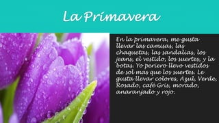 La Primavera 
En la primavera, me gusta 
llevar las camisas, las 
chaquetas, las sandalias, los 
jeans, el vestido, los suertes, y la 
botas. Yo periero llevo vestidos 
de sol mas que los suertes. Le 
gusta llevar colores, Azul, Verde, 
Rosado, café Gris, morado, 
anaranjado y rojo. 
 