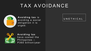 U N E T H I C A L
T A X A V O I D A N C E
Av o i d i n g t a x i s
a v o i d i n g a s o c i a l
o b l i g a t i o n i t i s
u r g e d .
Av o i d i n g t a x
h a v e c o s t e d t h e
P h i l i p p i n e s –
P 3 6 0 b i l l i o n / y e a r
 