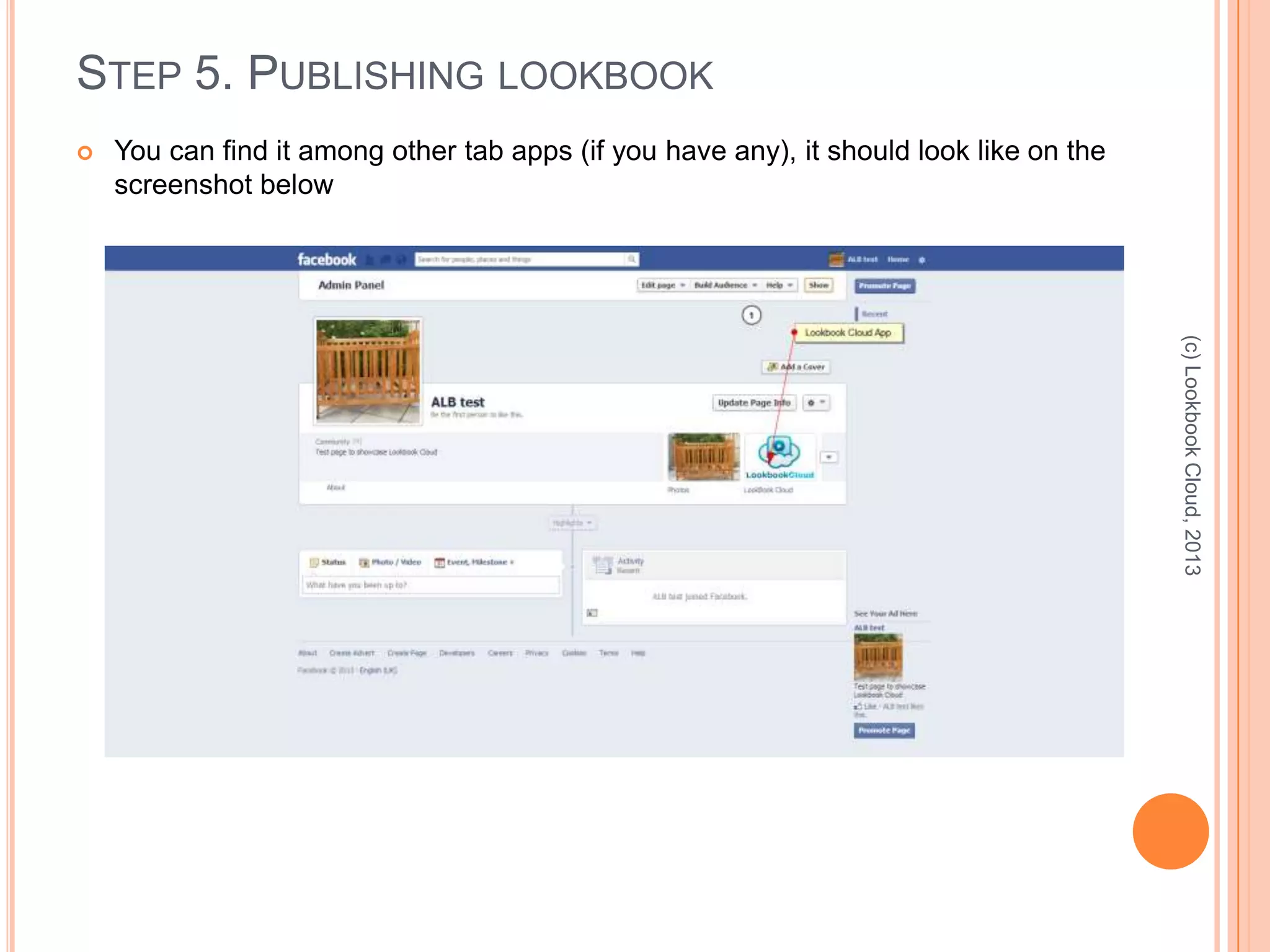 STEP 5. PUBLISHING LOOKBOOK
 You can find it among other tab apps (if you have any), it should look like on the
screenshot below
(c)LookbookCloud,2013
 