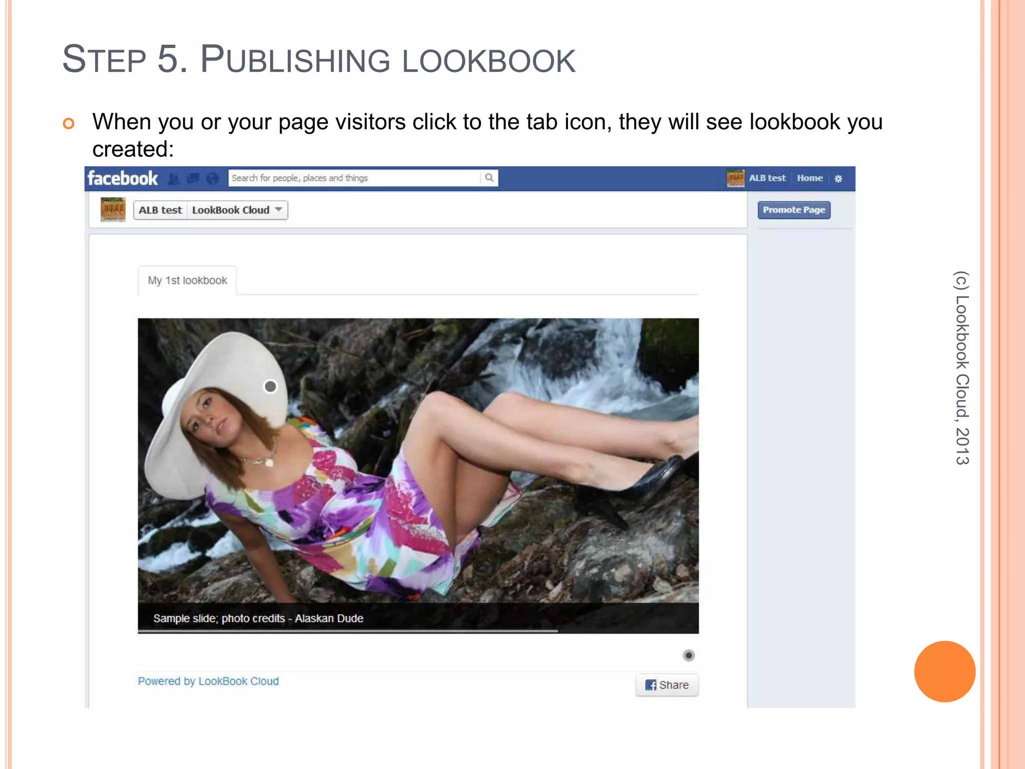 STEP 5. PUBLISHING LOOKBOOK
 When you or your page visitors click to the tab icon, they will see lookbook you
created:
(c)LookbookCloud,2013
 
