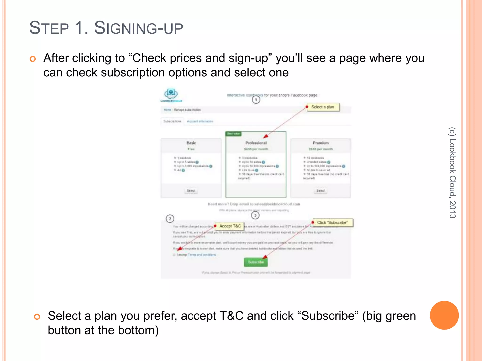 STEP 1. SIGNING-UP
 After clicking to “Check prices and sign-up” you’ll see a page where you
can check subscription options and select one
(c)LookbookCloud,2013
 Select a plan you prefer, accept T&C and click “Subscribe” (big green
button at the bottom)
 