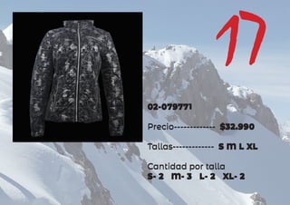 02-07977
Precio------------- $32.990
Tallas------------- S M L XL
Cantidad por talla
S- 2 M- 3 L- 2 XL- 2
17
02-079771
Precio------------- $32.990
Tallas------------- S M L XL
Cantidad por talla
S- 2 M- 3 L- 2 XL- 2
 