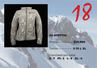 02-0797734
Precio------------- $29.990
Tallas------------- S M L XL
Cantidad por talla
S- 7 M- 2 L- 5 XL- 4
18
 