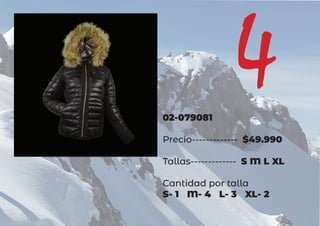 402-079081
Precio------------- $49.990
Tallas------------- S M L XL
Cantidad por talla
S- 1 M- 4 L- 3 XL- 2
 