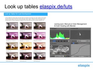 Look up tables elaspix.de/luts
coming soon: Manual on Color Management
& Color Grading with Blender
 