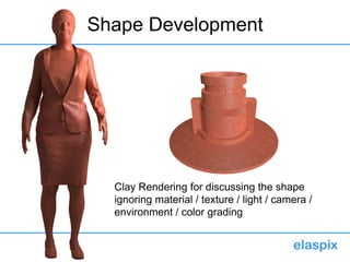 Shape Development
Clay Rendering for discussing the shape
ignoring material / texture / light / camera /
environment / color grading
 