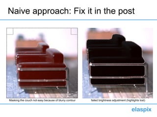 Naive approach: Fix it in the post
Masking the couch not easy because of blurry contour failed brightness adjustment (high...