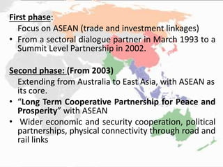 First phase:
Focus on ASEAN (trade and investment linkages)
• From a sectoral dialogue partner in March 1993 to a
Summit Level Partnership in 2002.
Second phase: (From 2003)
Extending from Australia to East Asia, with ASEAN as
its core.
• “Long Term Cooperative Partnership for Peace and
Prosperity” with ASEAN
• Wider economic and security cooperation, political
partnerships, physical connectivity through road and
rail links
 