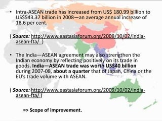 • Intra-ASEAN trade has increased from US$ 180.99 billion to
US$543.37 billion in 2008—an average annual increase of
18.6 per cent.
( Source: http://www.eastasiaforum.org/2009/10/02/india-
asean-fta/ )
• The India—ASEAN agreement may also strengthen the
Indian economy by reflecting positively on its trade in
goods. India—ASEAN trade was worth US$40 billion
during 2007-08, about a quarter that of Japan, China or the
EU’s trade volume with ASEAN.
( Source: http://www.eastasiaforum.org/2009/10/02/india-
asean-fta/ )
=> Scope of improvement.
 