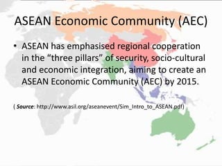 ASEAN Economic Community (AEC)
• ASEAN has emphasised regional cooperation
in the “three pillars” of security, socio-cultural
and economic integration, aiming to create an
ASEAN Economic Community (AEC) by 2015.
( Source: http://www.asil.org/aseanevent/Sim_Intro_to_ASEAN.pdf)
 