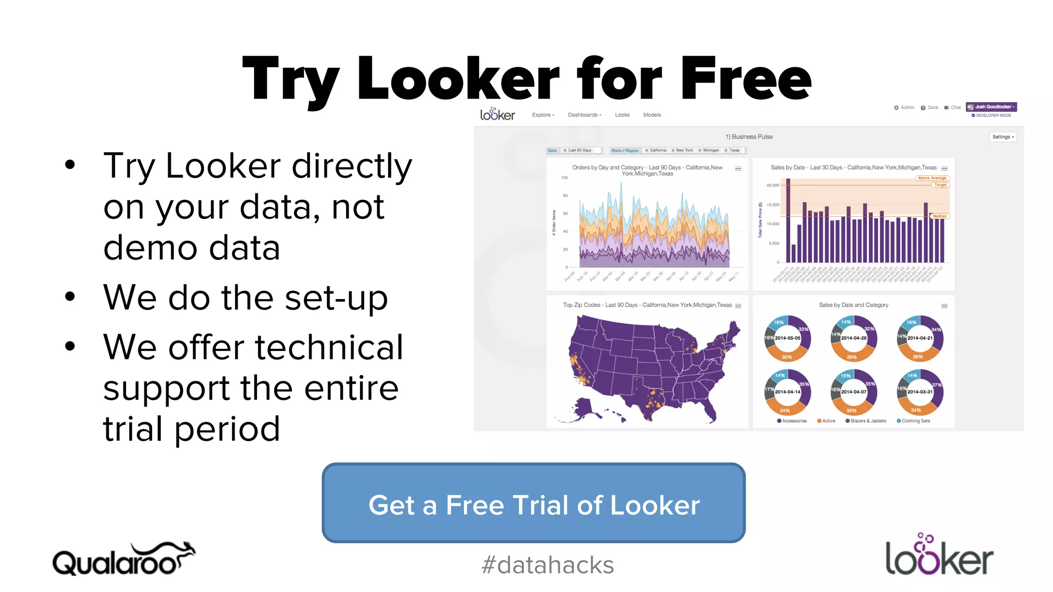 Try Looker for Free 
Get a Free Trial of Looker 
#datahacks 
• Try Looker directly 
on your data, not 
demo data 
• We do the set-up 
• We offer technical 
support the entire 
trial period 
 